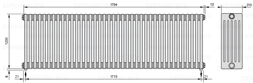 Схема (чертеж) Радиатор Zehnder Charleston 6120/39 №5310 Белый глянцевый RAL 9016